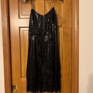 Laundry by Shelli Segal black sequined dress with fringe bottom.